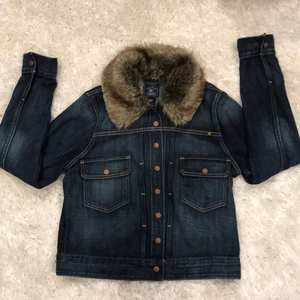 Lucky Brand Blue Jean Jacket with Faux Fur Collar